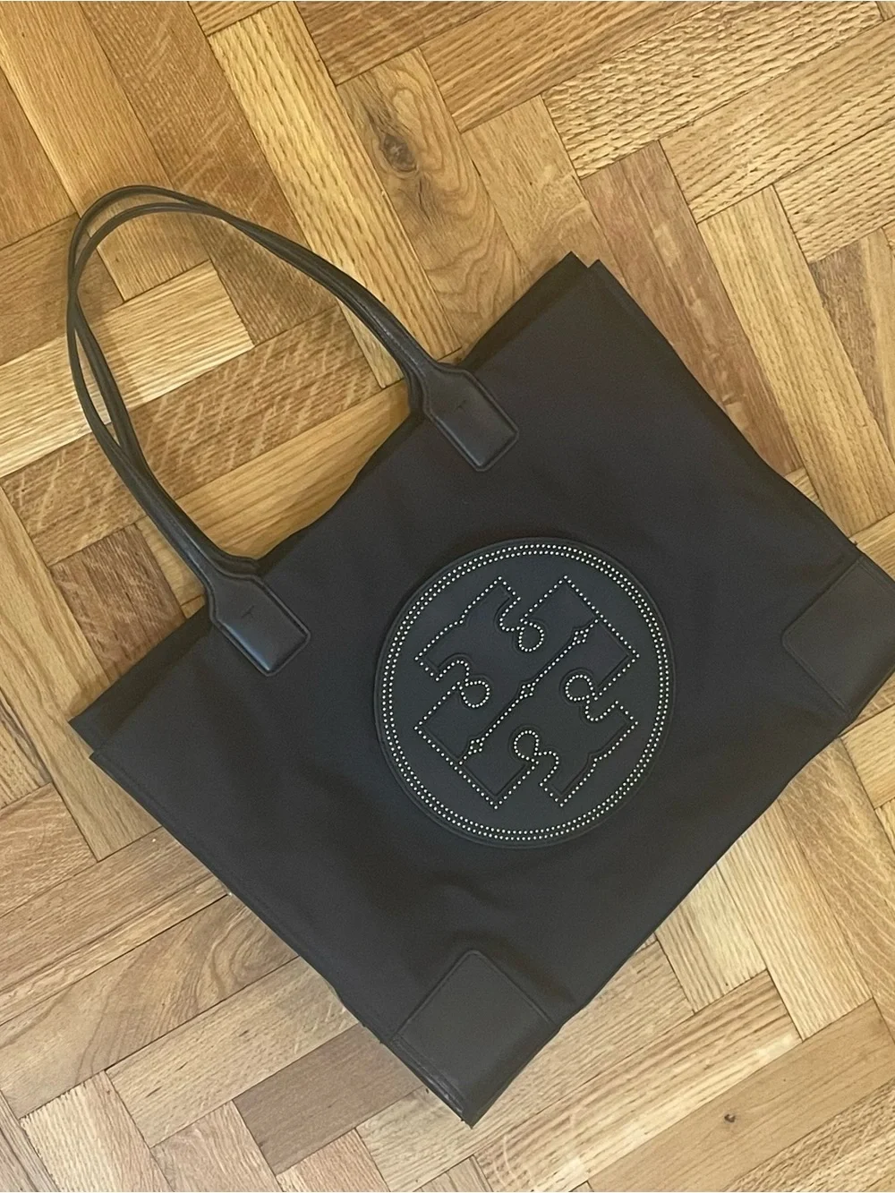 TORY BURCH~RARE “Ella” Gold-Studded Front Pocket Logo Black Tote